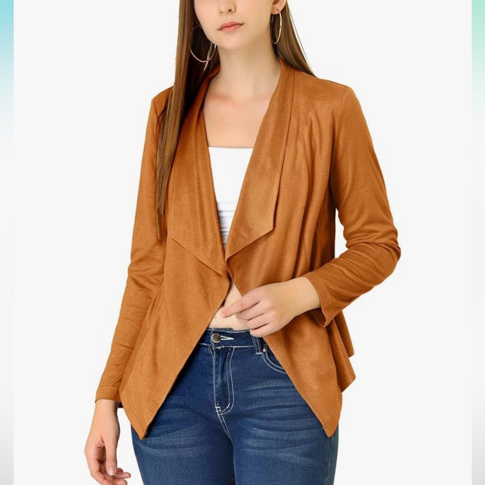 NWT- Allegra K Women's Faux Suede Jacket Open Front Lapel Draped Blazer